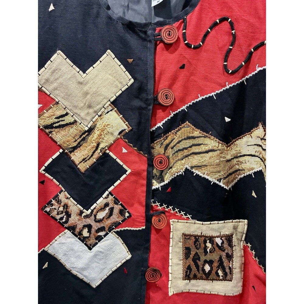 Vintage Indigo Moon Art to Wear Animal Patchwork Embroidered Jacket M Red Black - Picture 3 of 11